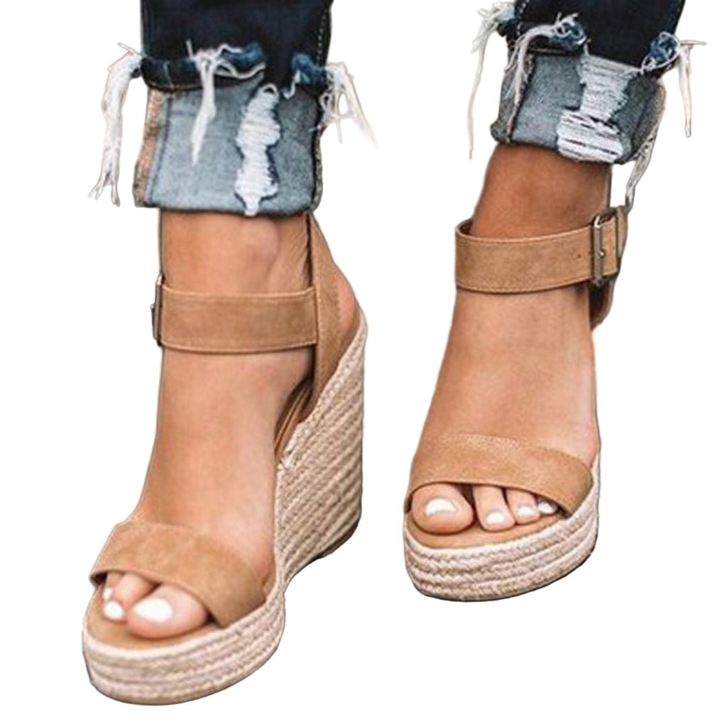 Women's Open Toe Wedge Sandals with Ankle Strap Buckle and Braided Platform Sole