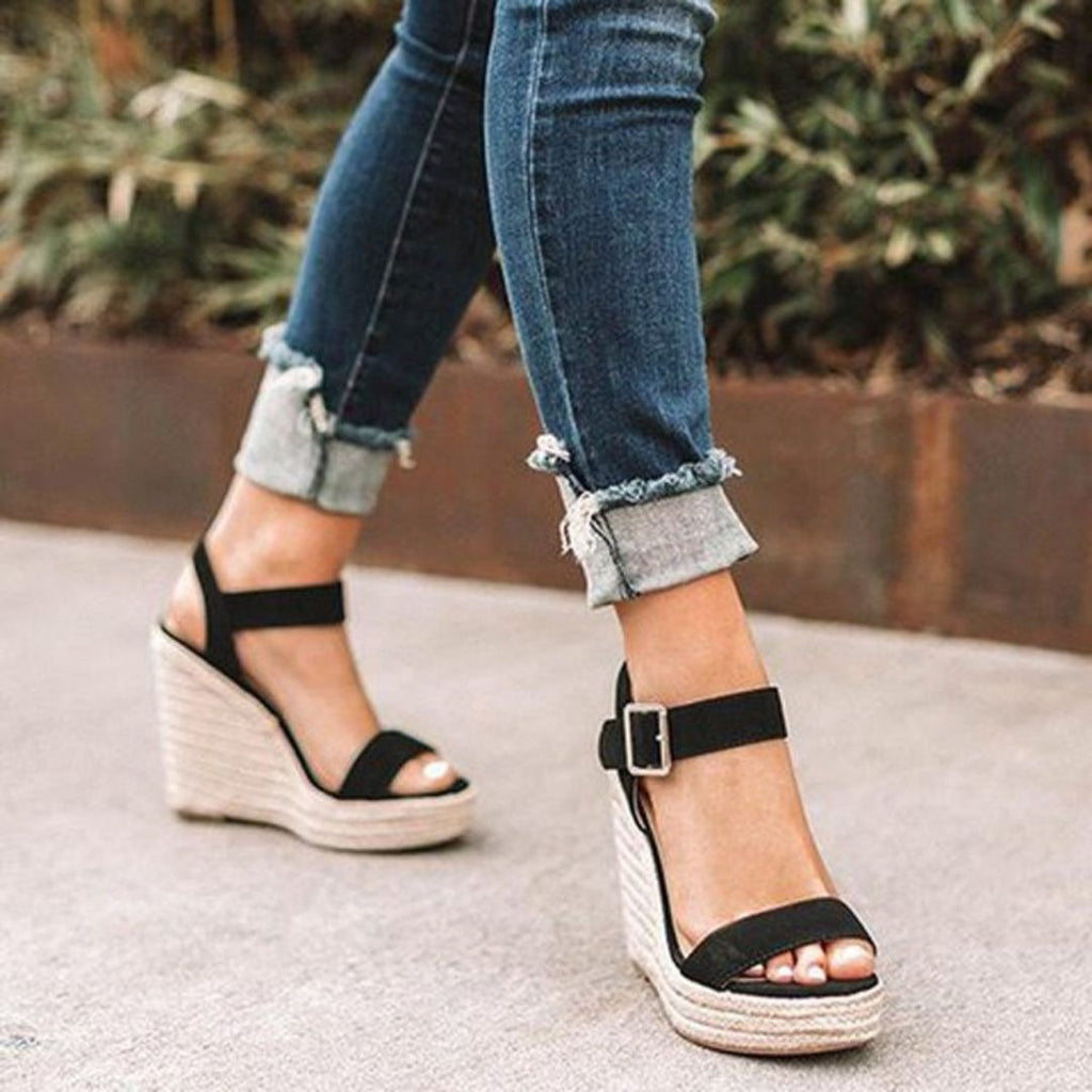 Women's Open Toe Wedge Sandals with Ankle Strap Buckle and Braided Platform Sole