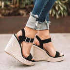 Women's Open Toe Wedge Sandals with Ankle Strap Buckle and Braided Platform Sole