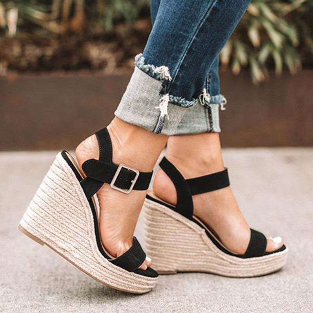 Women's Open Toe Wedge Sandals with Ankle Strap Buckle and Braided Platform Sole