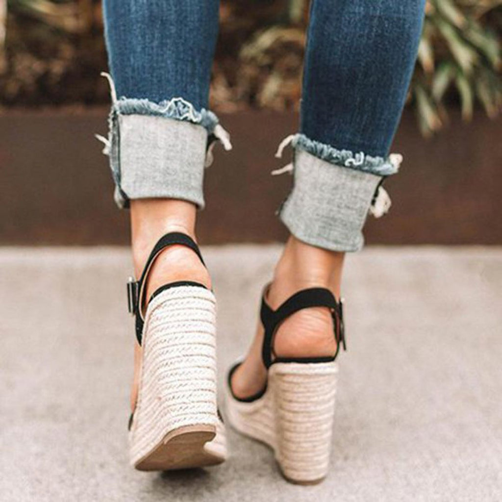 Women's Open Toe Wedge Sandals with Ankle Strap Buckle and Braided Platform Sole
