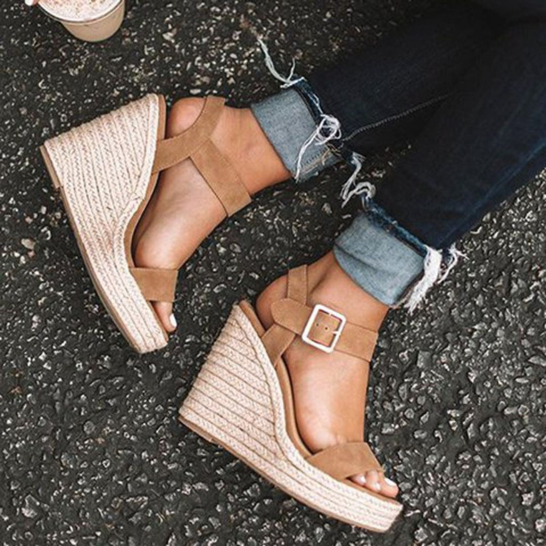 Women's Open Toe Wedge Sandals with Ankle Strap Buckle and Braided Platform Sole