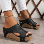 Women's Open Toe Wedge Slide Sandals with Studded Detail and Textured Platform Sole