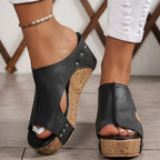 Women's Open Toe Wedge Slide Sandals with Studded Detail and Textured Platform Sole