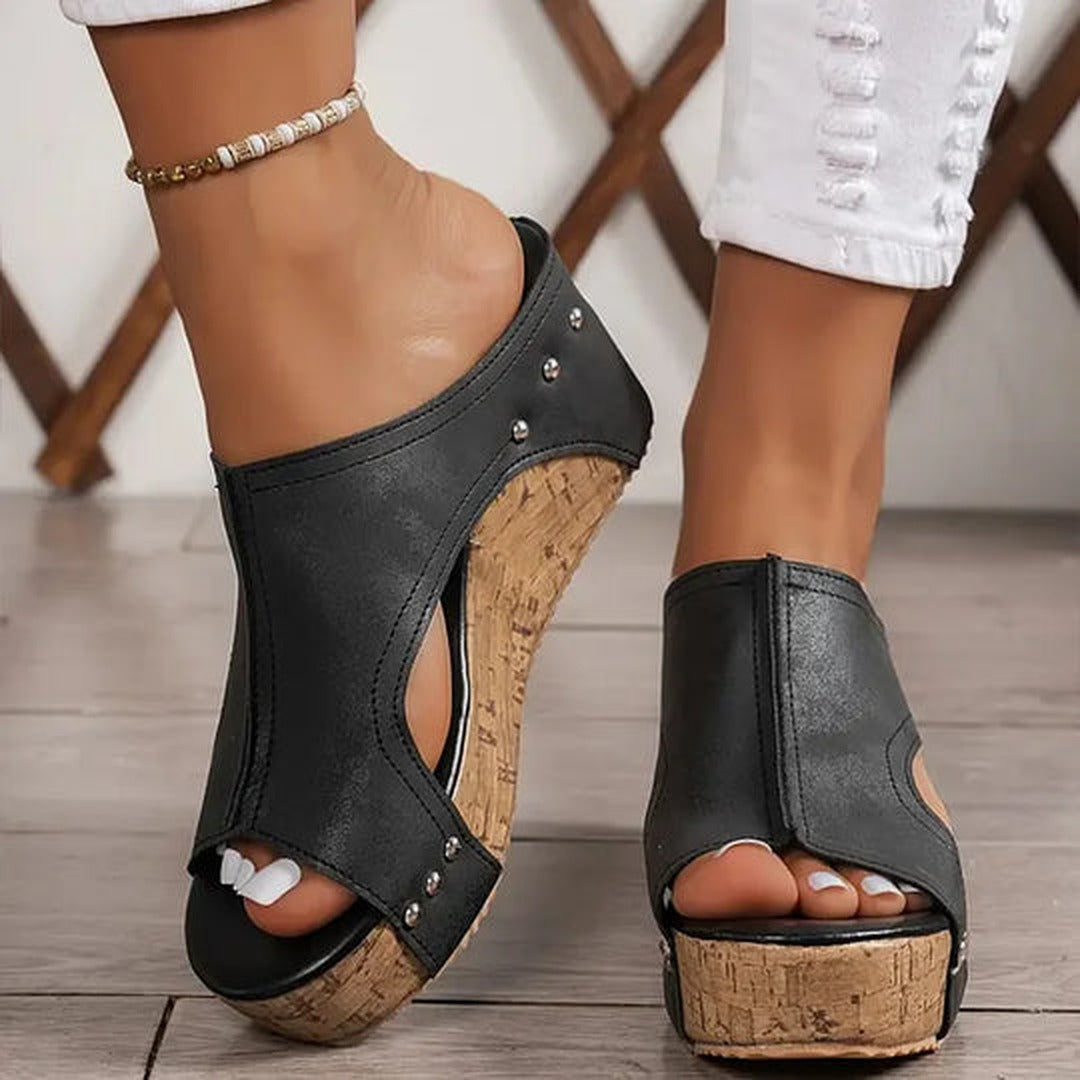 Women's Open Toe Wedge Slide Sandals with Studded Detail and Textured Platform Sole