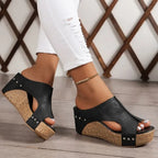 Women's Open Toe Wedge Slide Sandals with Studded Detail and Textured Platform Sole
