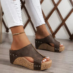 Women's Open Toe Wedge Slide Sandals with Studded Detail and Textured Platform Sole
