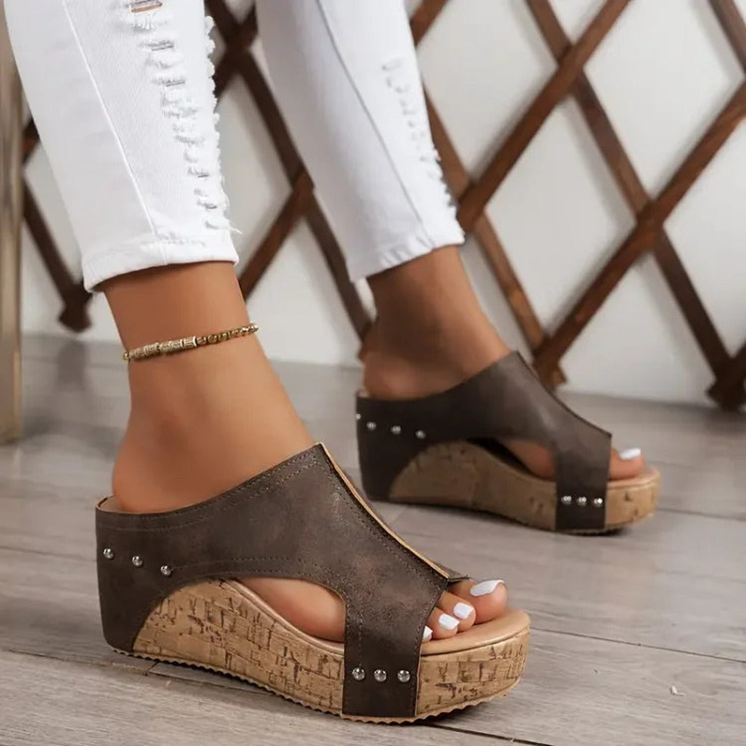 Women's Open Toe Wedge Slide Sandals with Studded Detail and Textured Platform Sole