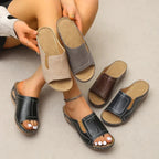 Women's Open Toe Wedge Slides with Panel Upper and Contrast Topstitching