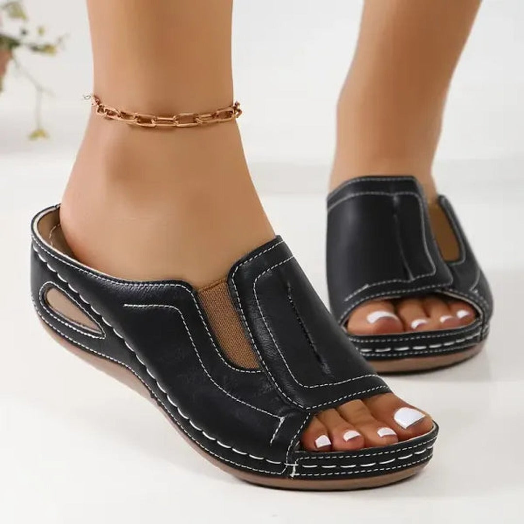 Women's Open Toe Wedge Slides with Panel Upper and Contrast Topstitching