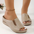 Women's Open Toe Wedge Slides with Panel Upper and Contrast Topstitching