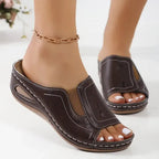 Women's Open Toe Wedge Slides with Panel Upper and Contrast Topstitching