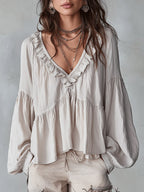 Women's Oversized Boho Blouse with V-Neck and Puff Sleeves
