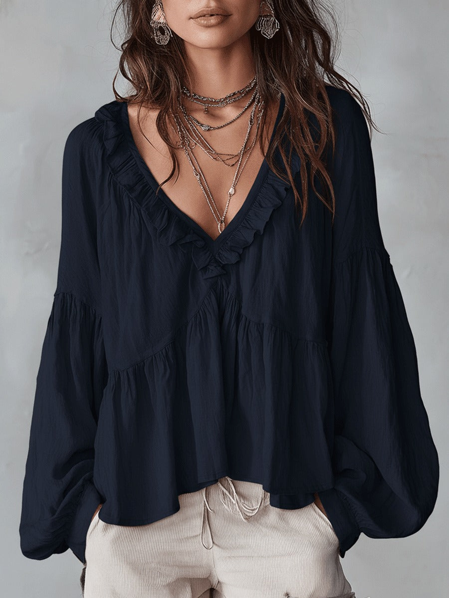 Women's Oversized Boho Blouse with V-Neck and Puff Sleeves