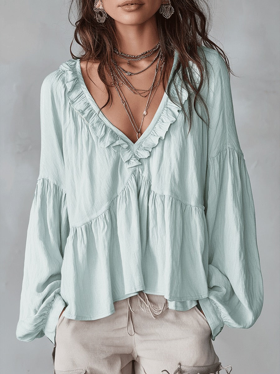 Women's Oversized Boho Blouse with V-Neck and Puff Sleeves