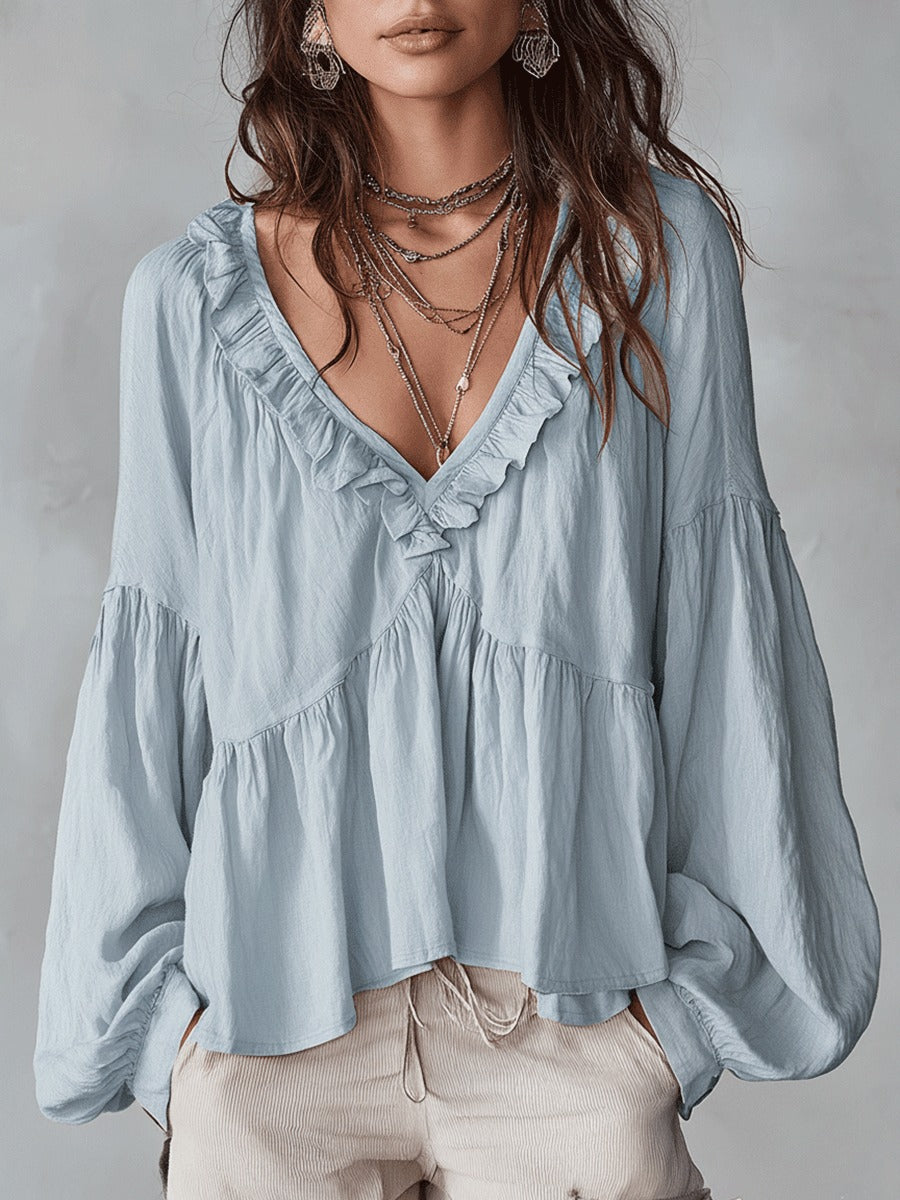 Women's Oversized Boho Blouse with V-Neck and Puff Sleeves