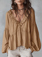 Women's Oversized Boho Blouse with V-Neck and Puff Sleeves