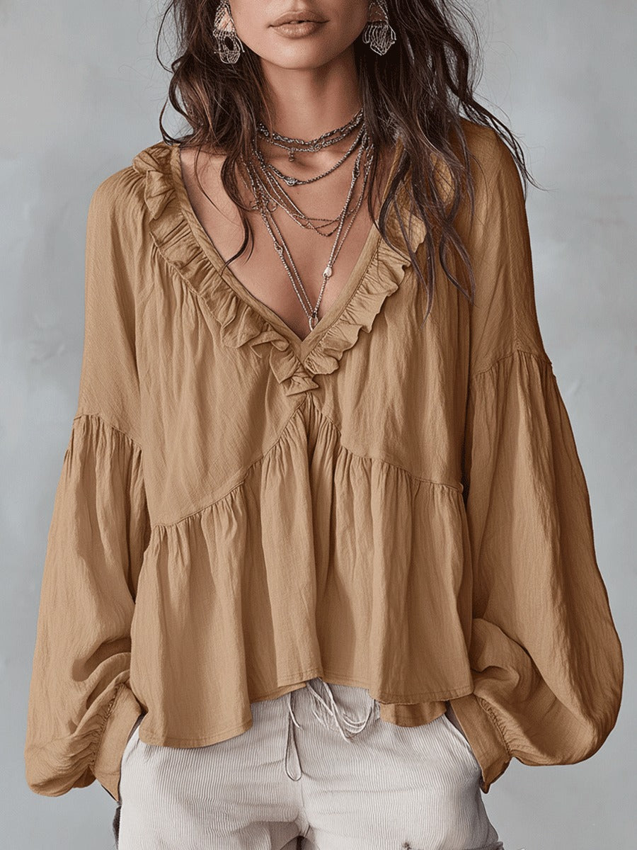 Women's Oversized Boho Blouse with V-Neck and Puff Sleeves