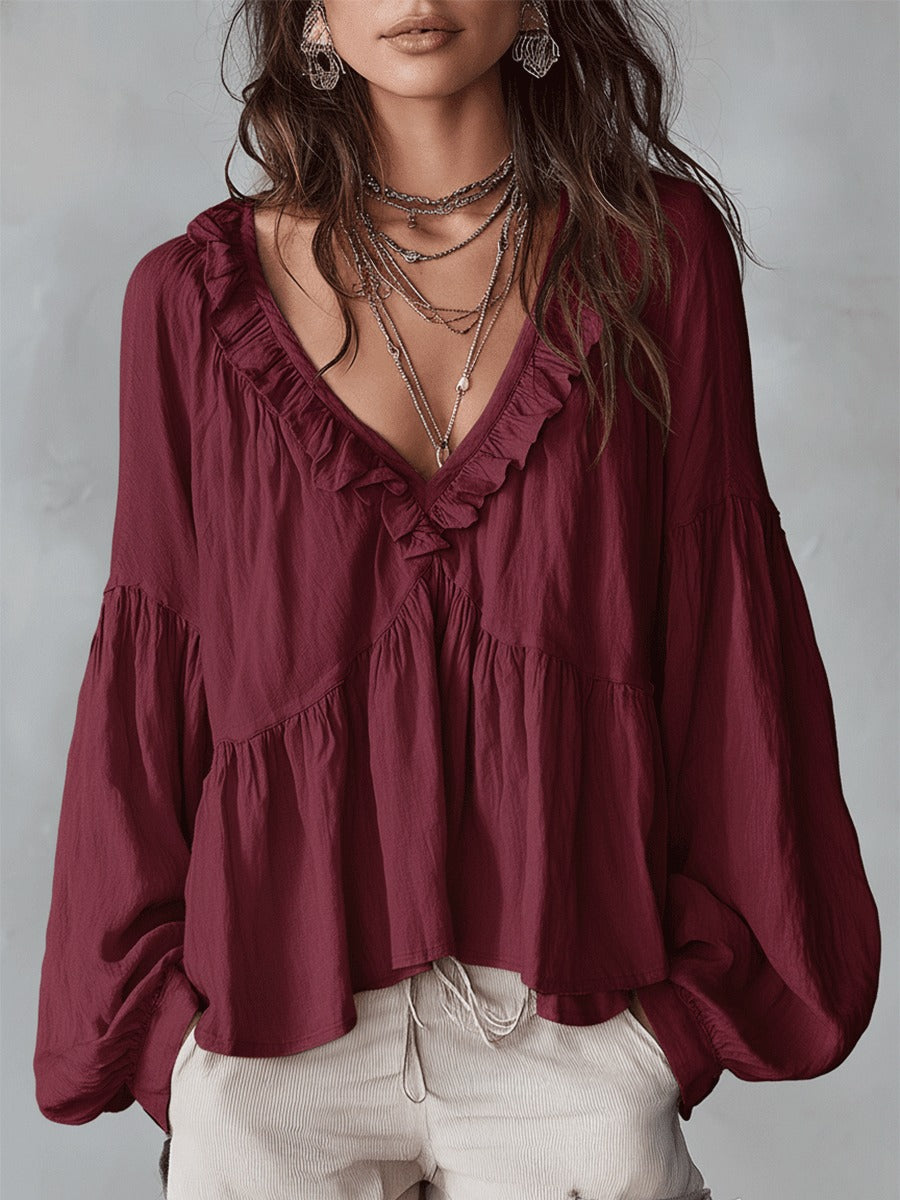Women's Oversized Boho Blouse with V-Neck and Puff Sleeves