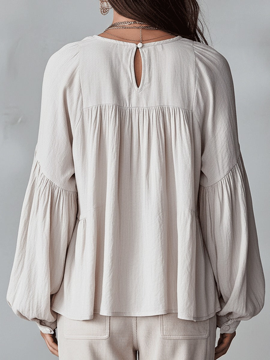 Women's Oversized Boho Blouse with V-Neck and Puff Sleeves