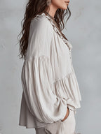 Women's Oversized Boho Blouse with V-Neck and Puff Sleeves