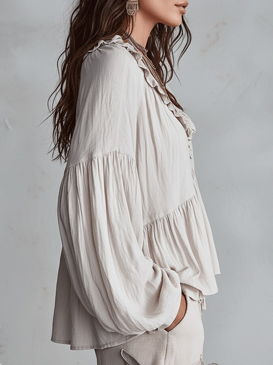 Women's Oversized Boho Blouse with V-Neck and Puff Sleeves