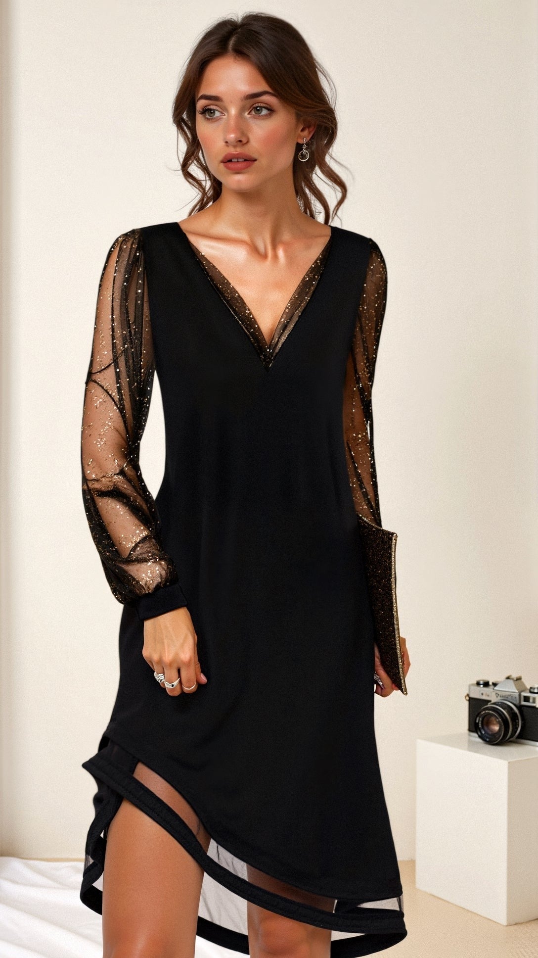Women's Party Evening Mini Dress with V-Neck and Sheer Sleeves