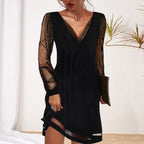 Women's Party Evening Mini Dress with V-Neck and Sheer Sleeves