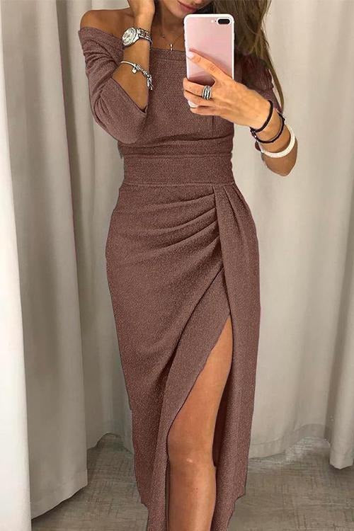 Women's Party Sparkly Midi Dress with Off-Shoulder Neckline