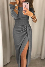 Women's Party Sparkly Midi Dress with Off-Shoulder Neckline