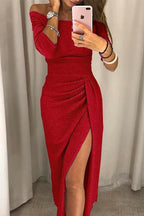 Women's Party Sparkly Midi Dress with Off-Shoulder Neckline