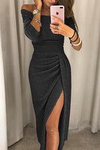 Women's Party Sparkly Midi Dress with Off-Shoulder Neckline