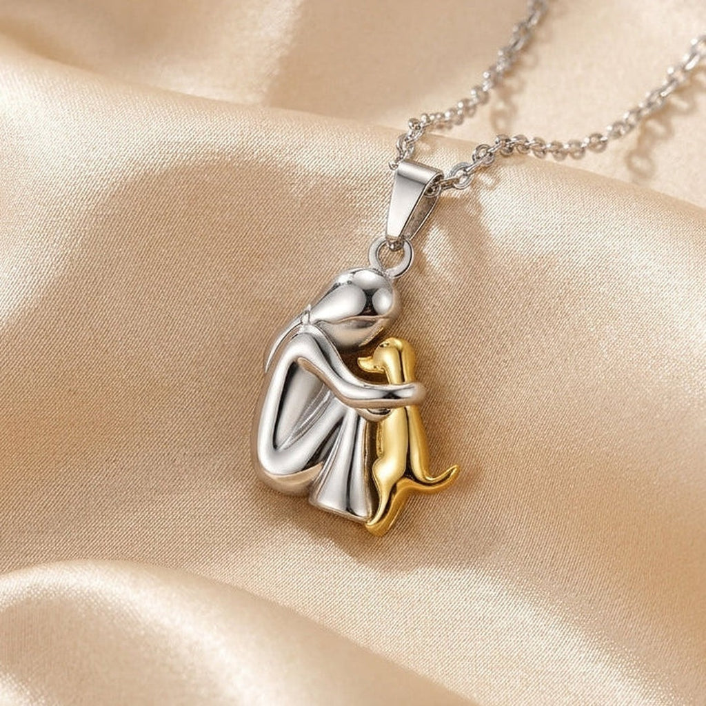 Womens Pendant Necklace with Figure Hugging Dog Sculpture and Two-Tone Finish on Link Chain