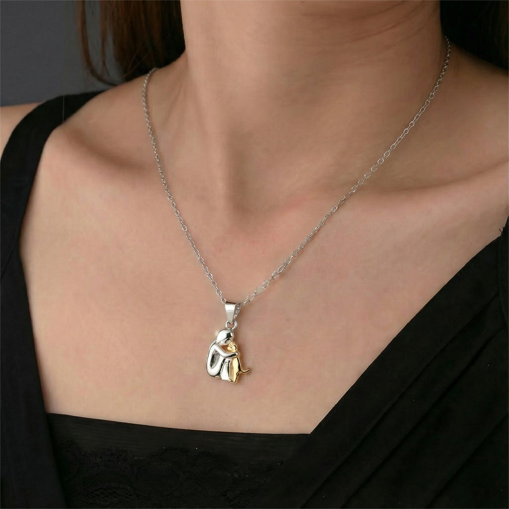 Womens Pendant Necklace with Figure Hugging Dog Sculpture and Two-Tone Finish on Link Chain