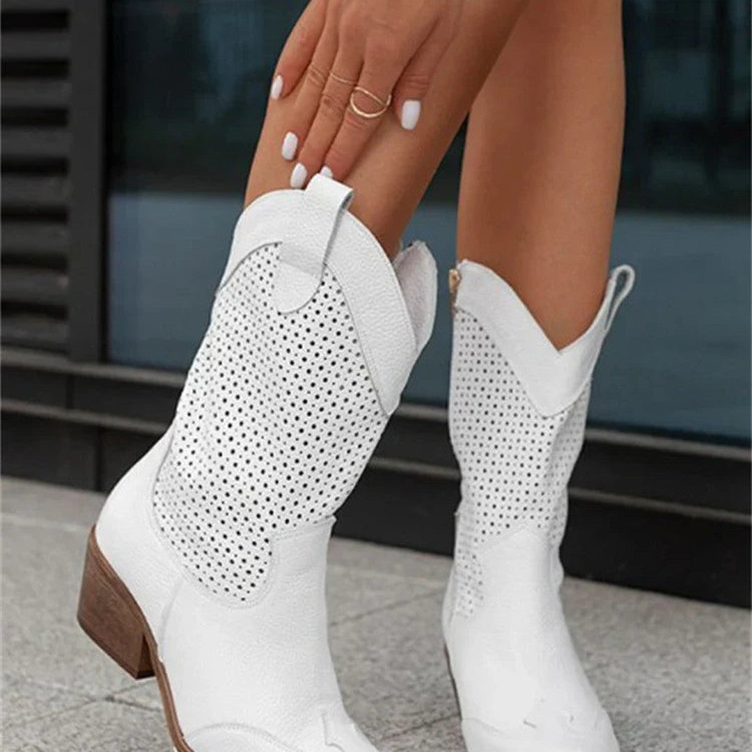 Women's Perforated Mid-Calf Western Boots with Side Zip and Block Heel
