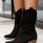 Women's Perforated Mid-Calf Western Boots with Side Zip and Block Heel