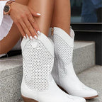 Women's Perforated Mid-Calf Western Boots with Side Zip and Block Heel