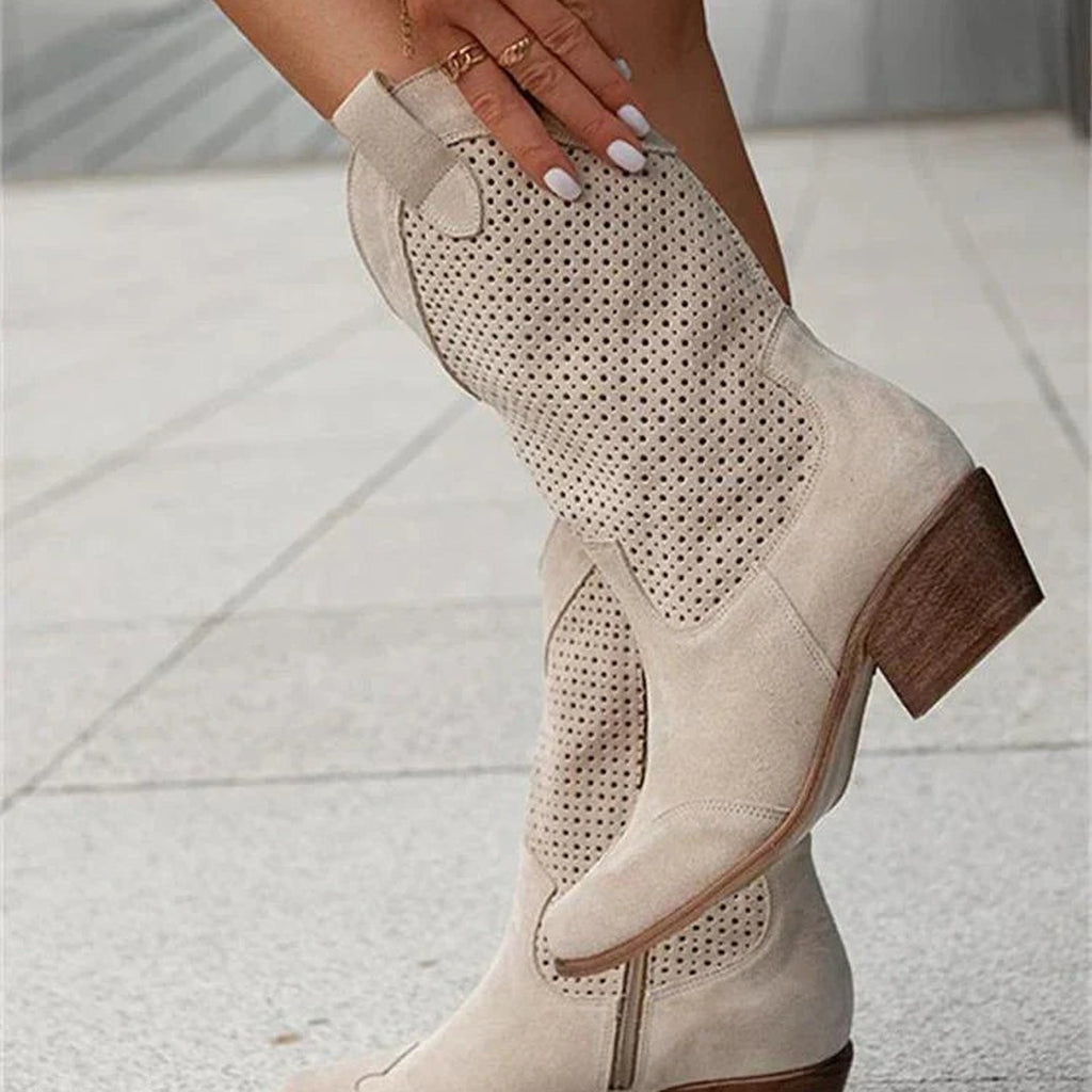 Women's Perforated Mid-Calf Western Boots with Side Zip and Block Heel