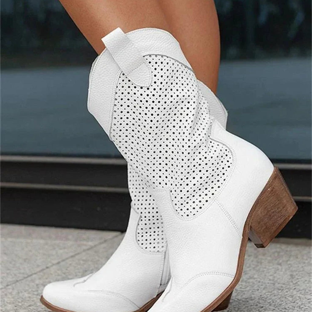 Women's Perforated Mid-Calf Western Boots with Side Zip and Block Heel