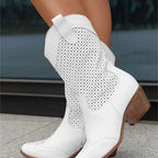 Women's Perforated Mid-Calf Western Boots with Side Zip and Block Heel