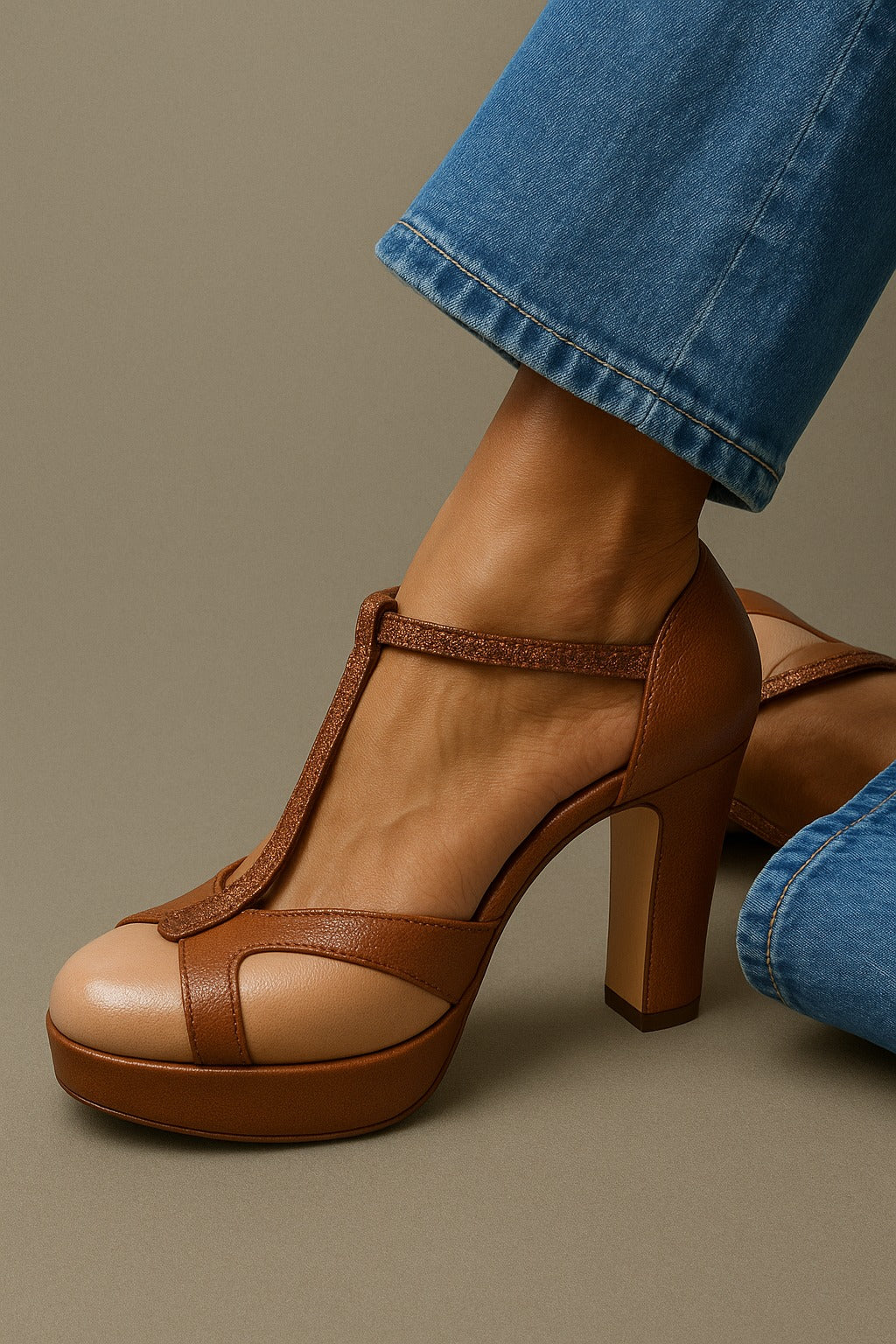 Women's Platform Heeled Shoes with T-Bar Strap