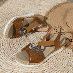 Women's Platform Wedge Sandals with Open Toe Cross Strap and Silver Ring Hardware