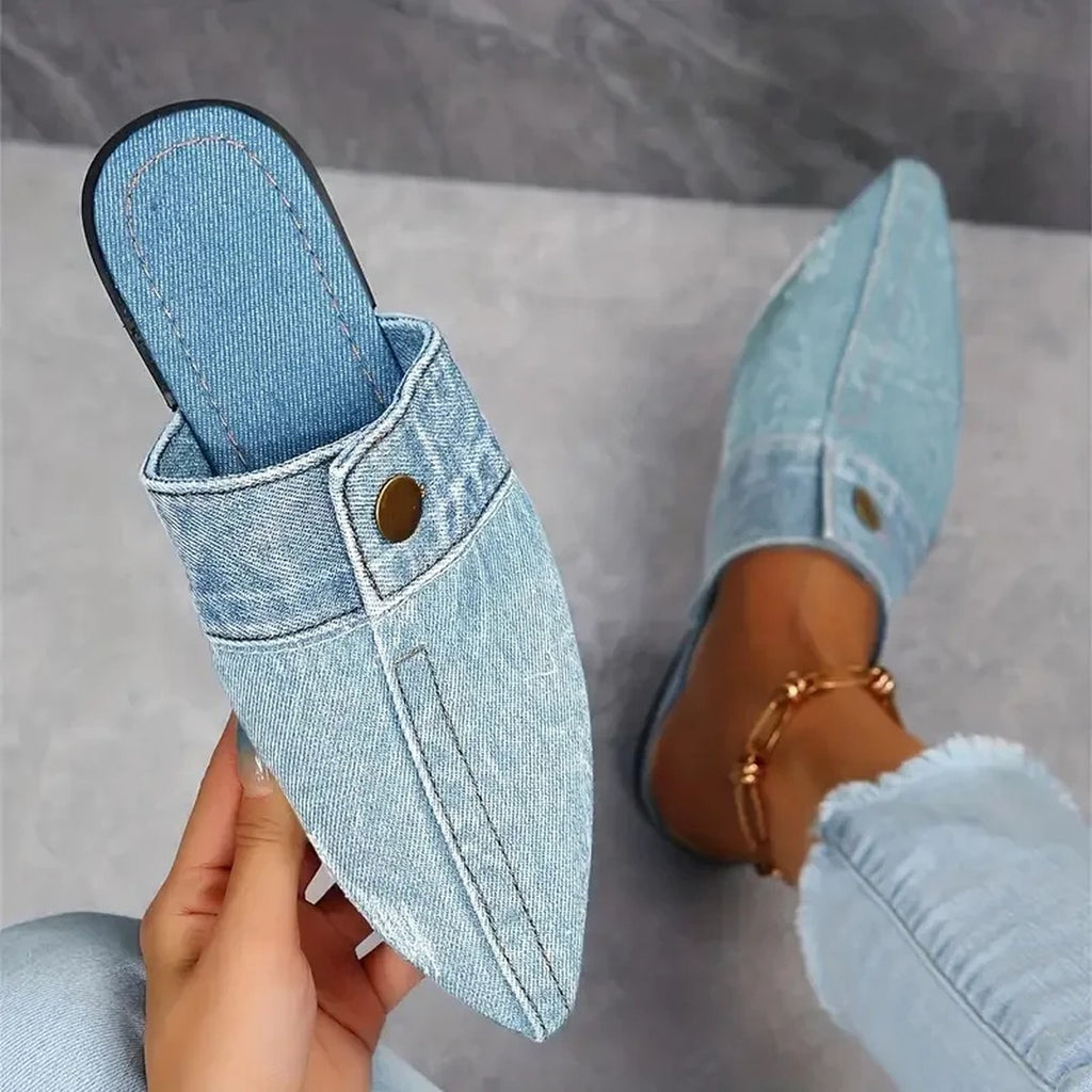 Women's Pointed Toe Flat Mules with Folded Band Detail and Gold-Tone Stud Accent