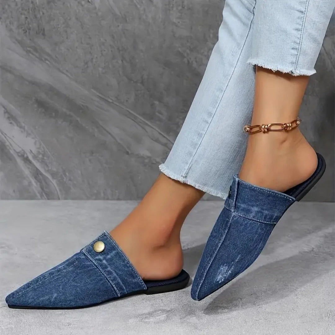Women's Pointed Toe Flat Mules with Folded Band Detail and Gold-Tone Stud Accent