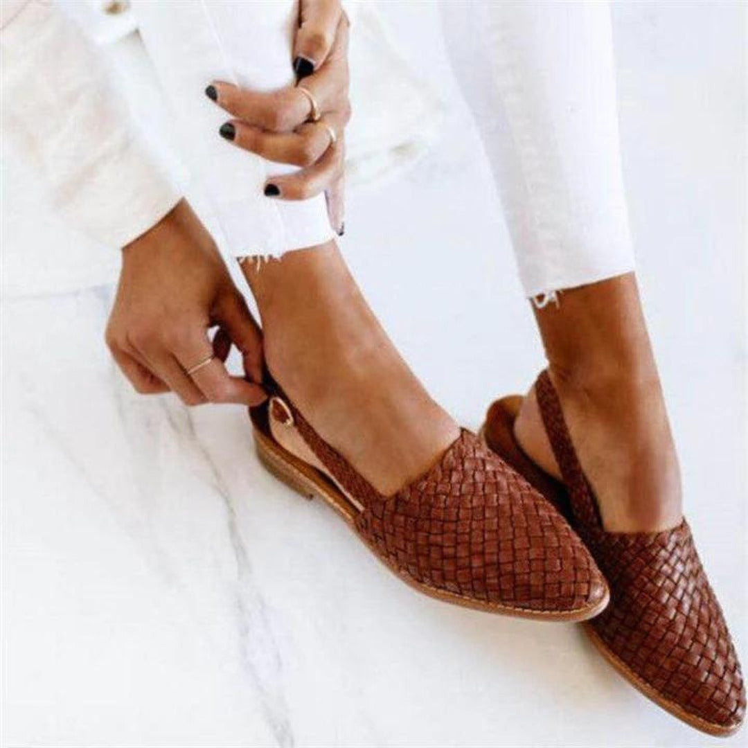 Women's Pointed-Toe Flat Shoes with Interlaced Upper and Open Heel Strap
