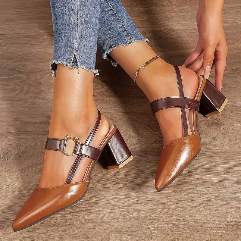 Women's Pointed Toe Heeled Shoes with Slingback and Buckle Strap