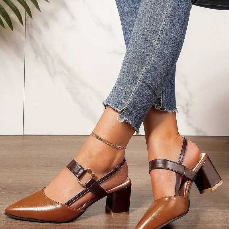 Women's Pointed Toe Heeled Shoes with Slingback and Buckle Strap