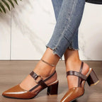 Women's Pointed Toe Heeled Shoes with Slingback and Buckle Strap