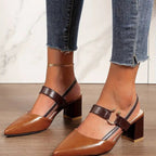 Women's Pointed Toe Heeled Shoes with Slingback and Buckle Strap