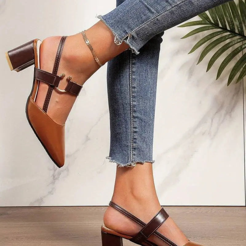 Women's Pointed Toe Heeled Shoes with Slingback and Buckle Strap